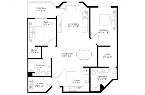 Floor plan for 2 beds, 2 baths, 1198 sqft
